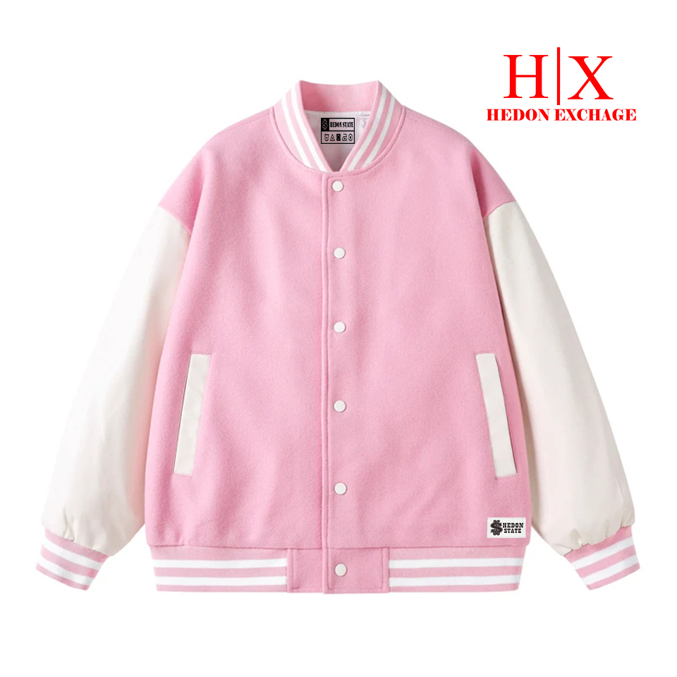 Hedon State Jacket Varsity Baseball Kancing Polos Pink Putih Pria Wanita Unisex Kekinian