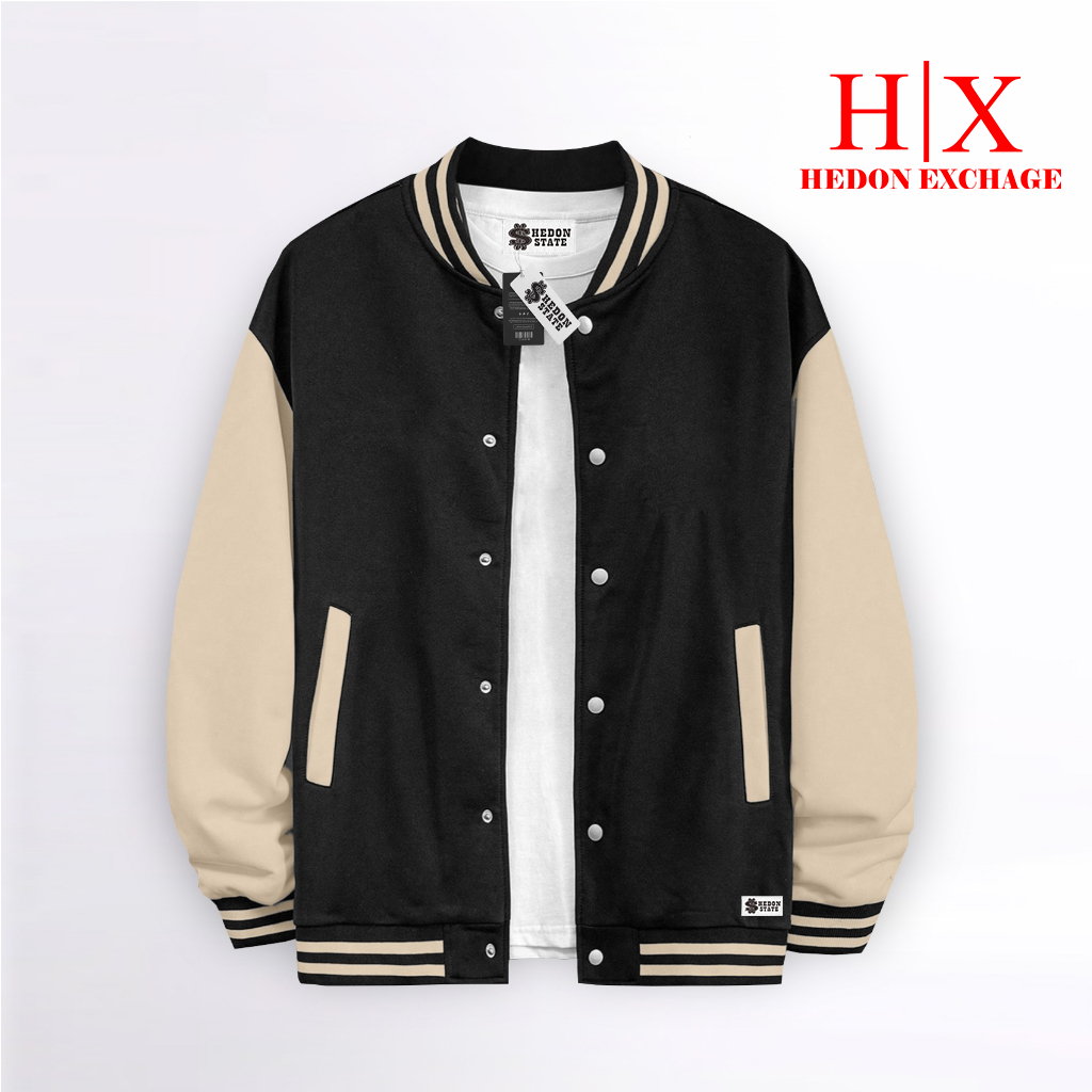 NEW HEDON STATE Jacket Varsity Baseball Kancing Polos Hitam Putih Pria Wanita Unisex Kekinian
