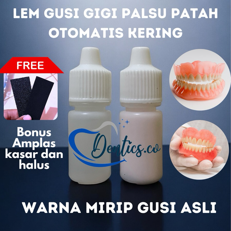Lem gusi gigi palsu patah otomatis kering paket mini Free amplas kasar dan halus