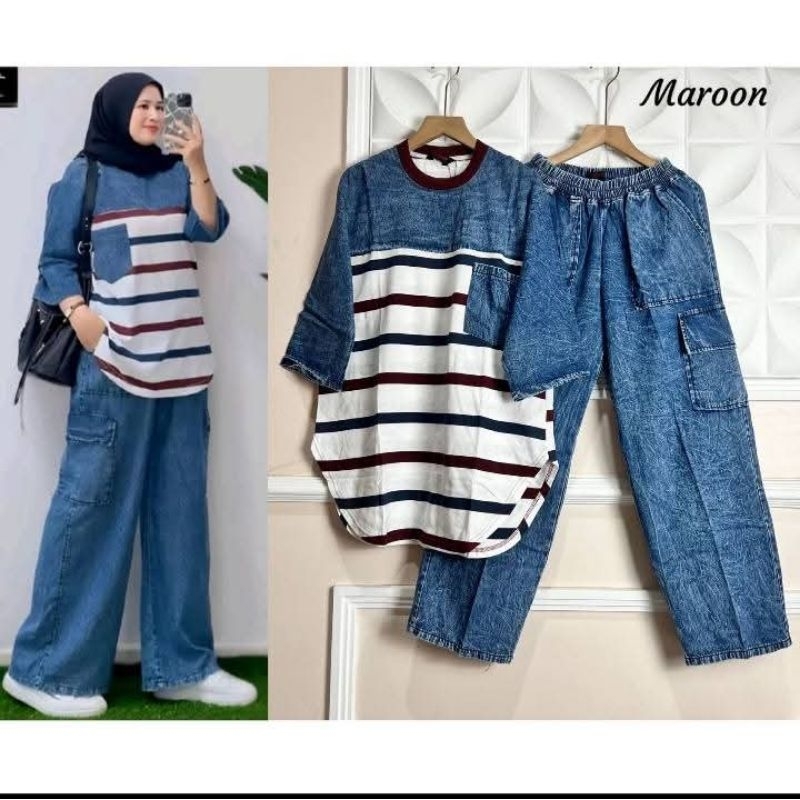 SET KULOT JEANS // SETELAN ATASAN KAOS SALUR OVAL BY JEVANNI