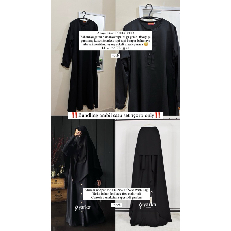 Baru NWT dan Preloved Abaya Gamis Hitam dan Khimar Nonpad Jetblack Yarka