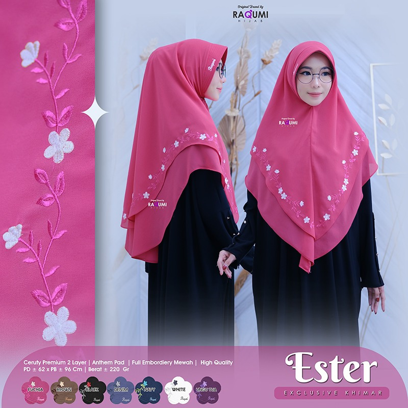 ESTER KHIMAR, KHIMAR CERUTY PREMIUM 2 LAYER, PAD ANTHEM, FULL EMBORDIERY MEWAH ORIGINAL RAQUMI HIJAB