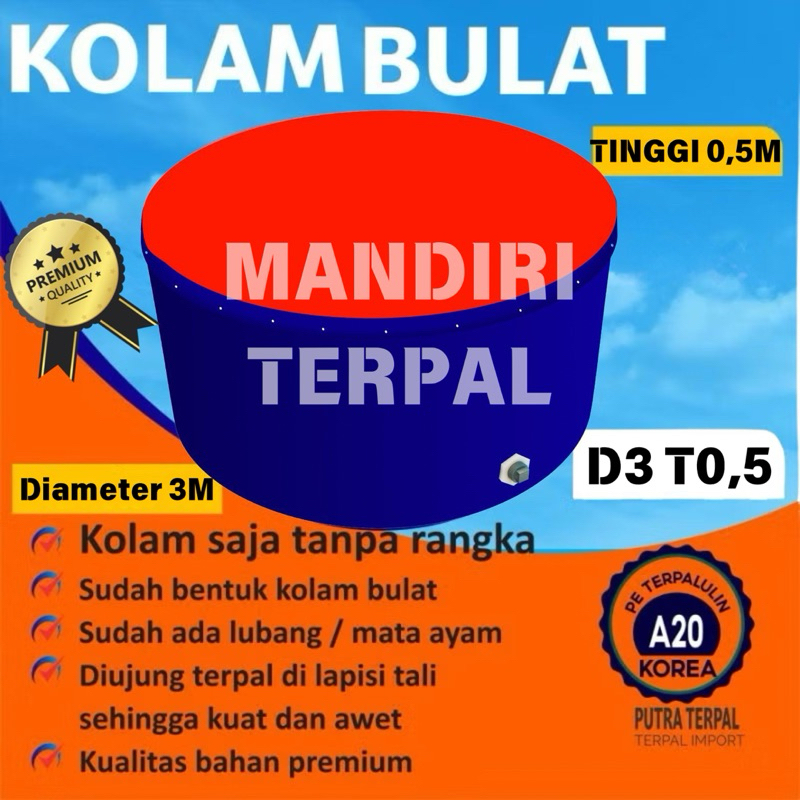 Terpal Kolam Bulat Ikan 3 Meter x 0.5 Meter | Kolam Terpal Premium Import Press Mesin Anti Bocor Awe