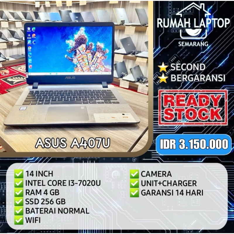 Laptop Asus A407U SLIM (second). Intel Core i3-7020U. RAM 4 GB. SSD 256 GB