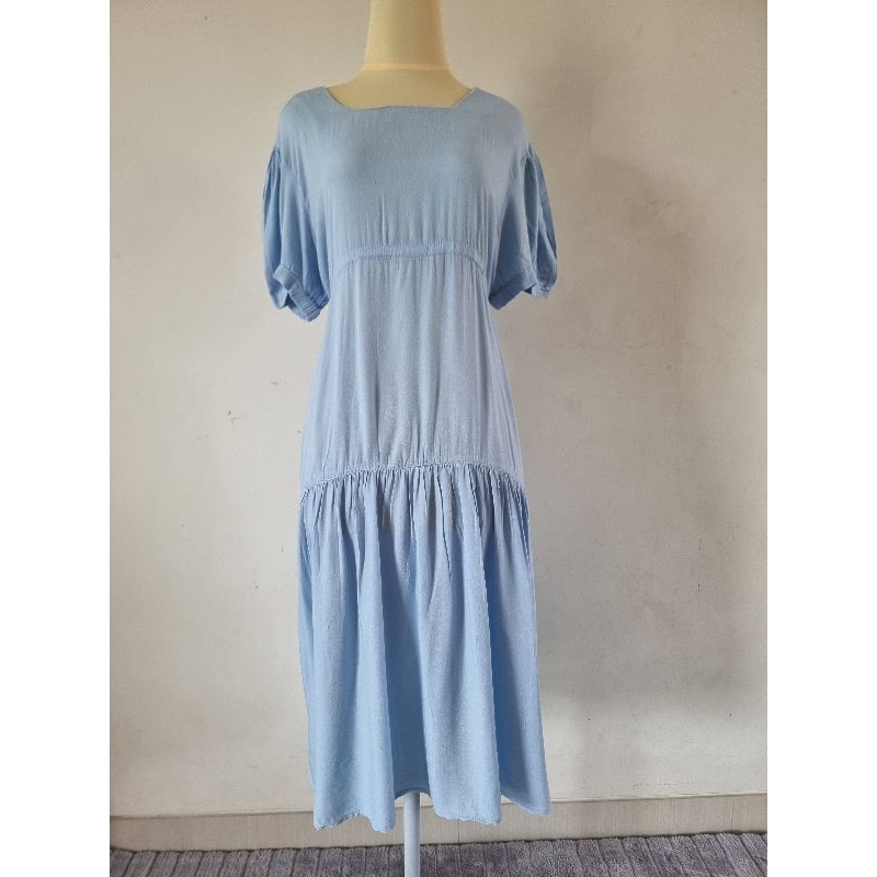 Preloved Midi Dress Wanita biru rok rempel By Lolliestory