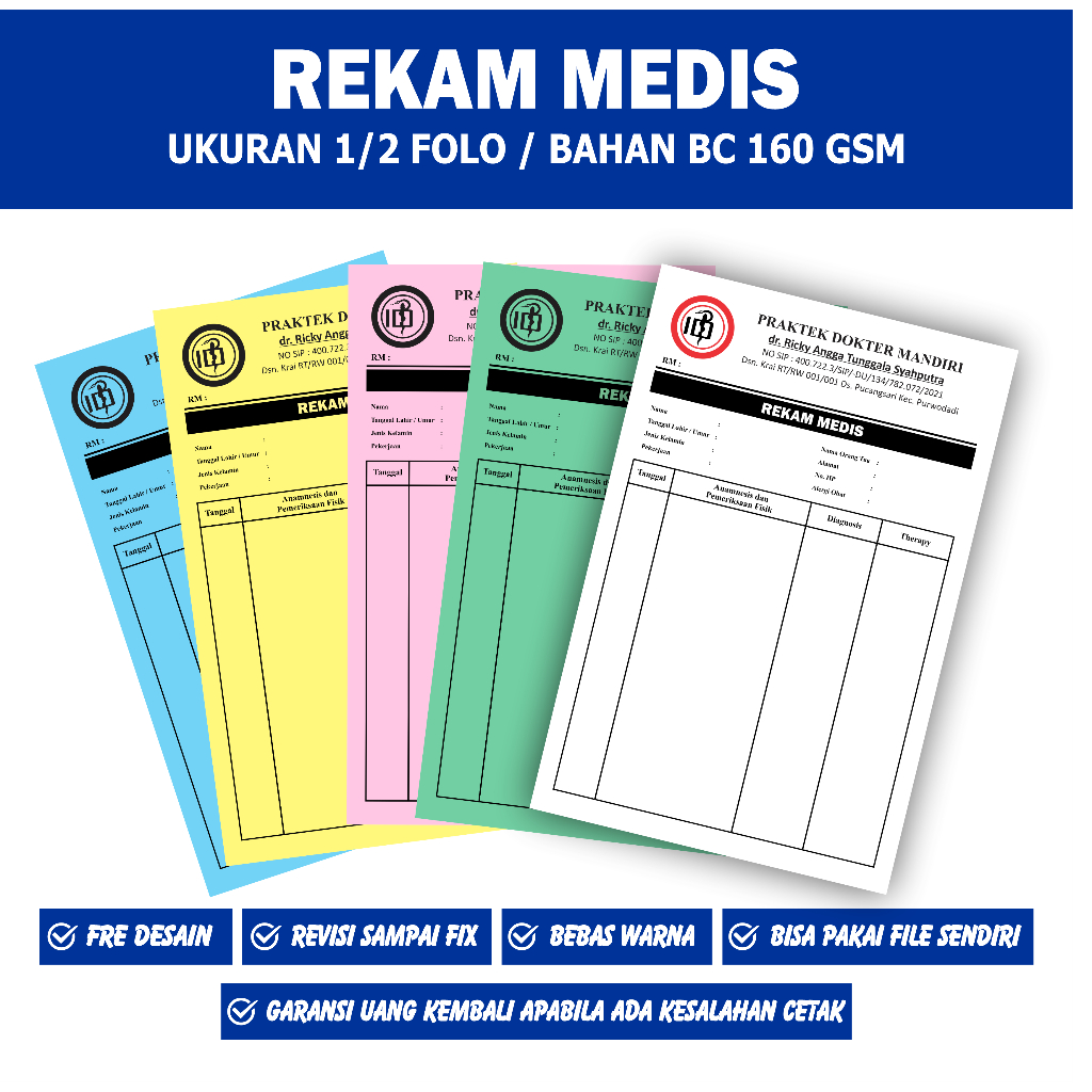 

Kartu Rekam Medis / Medical Record Card Ukuran 16 cm x 21 cm (1/2 FOLIO) 2 sisi
