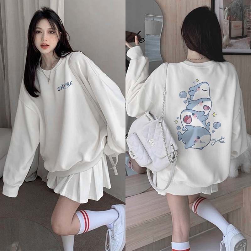 Sweater Oversize Wanita Lengan Panjang Versi Korea Cetakan Kartun bayi hiu yang lucu/Baju Sweater Wa