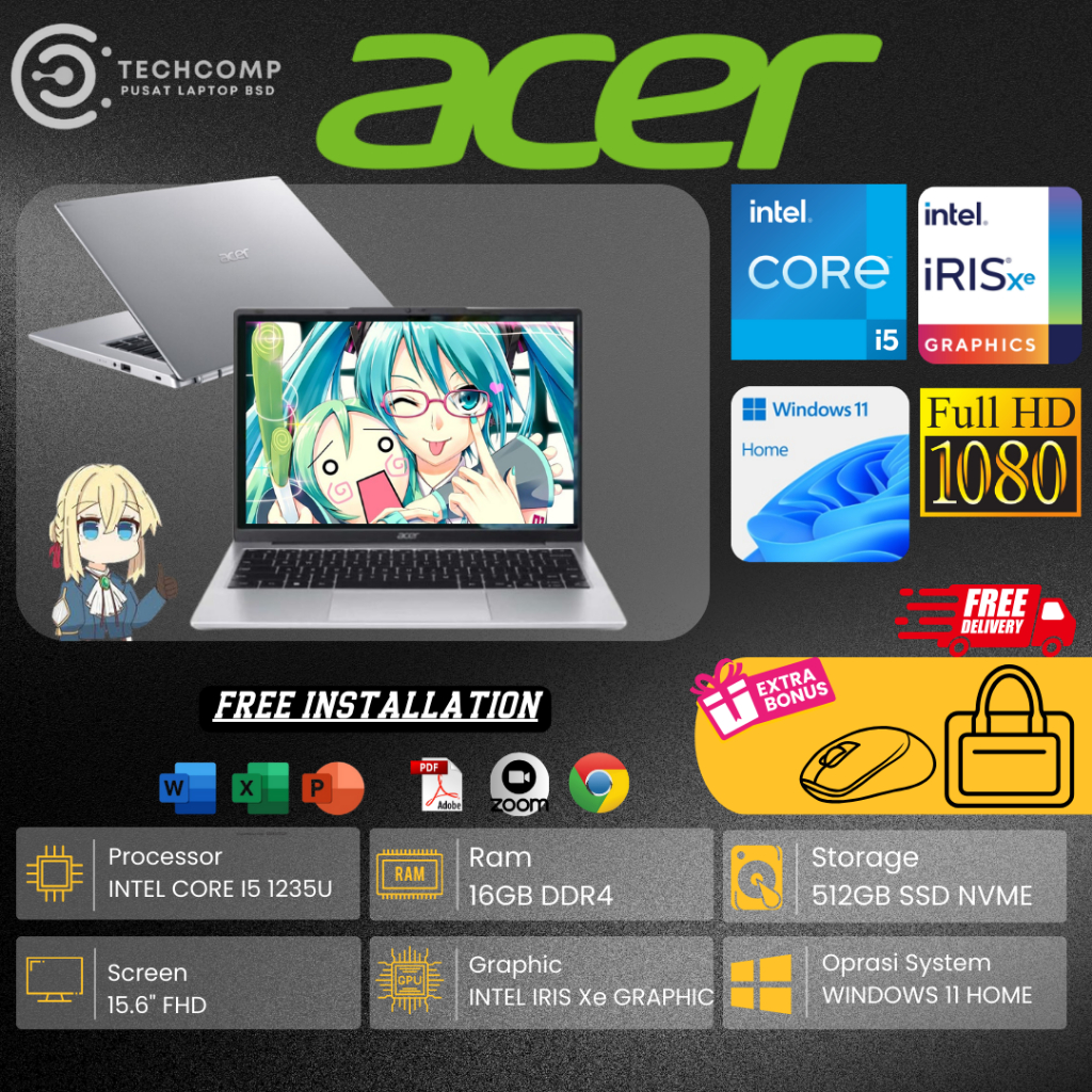 LAPTOP TERBARU ACER ASPIRE 3 A315 CORE I5 1235U RAM 8GB 512GB SSD FHD WINDOWS 11 ORIGINAL SILVER