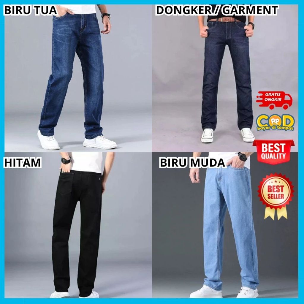 Celana Jeans Pria Biru Muda Bioblits Birumuda Langit Panjang Laki Standar Reguler Fit, Celana Jeans 