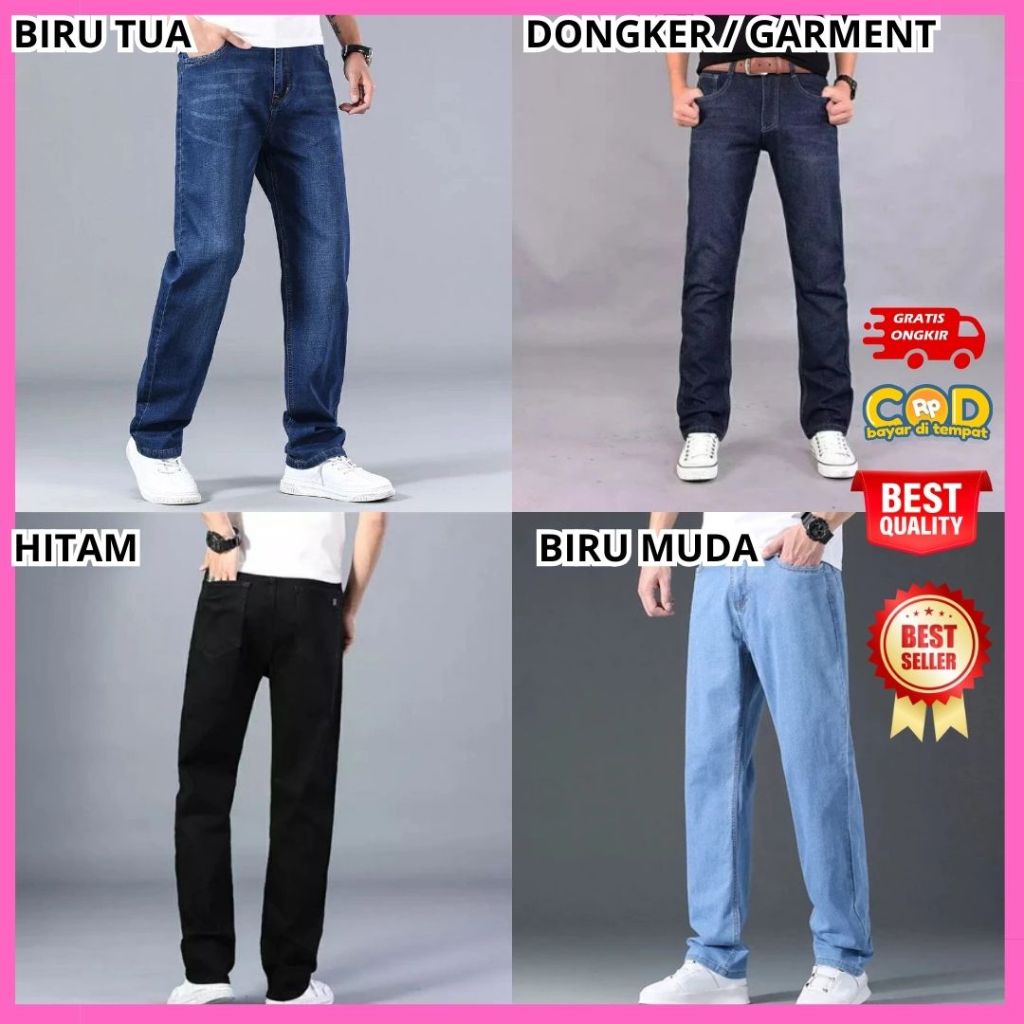Celana Jeans Pria Biru Muda Bioblits Birumuda Langit Panjang Laki Standar Reguler Fit, Celana Jeans 