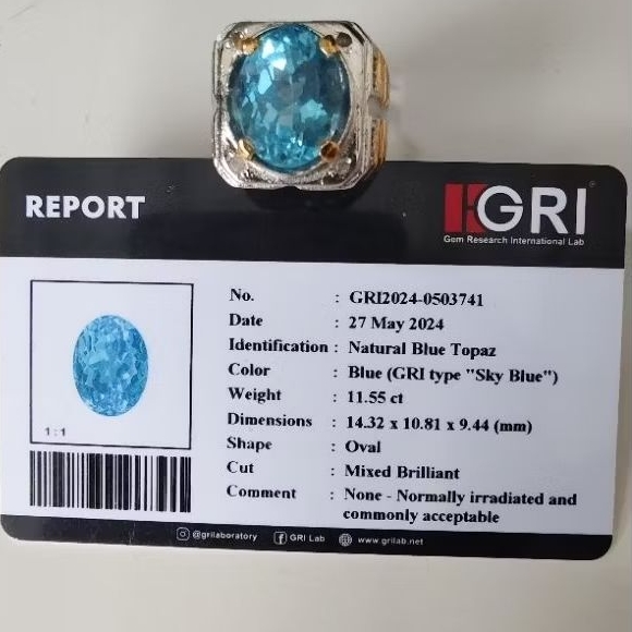 Natural Blue Topaz Elektrik 11.55crt batu super clean luster menyala ring perak Memo GRI