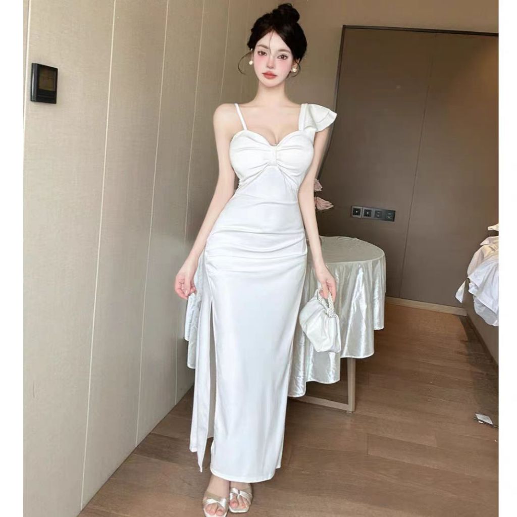 Hertha Duga baju midi dress putih wanita korea summer dress pantai panjang press body party dress el