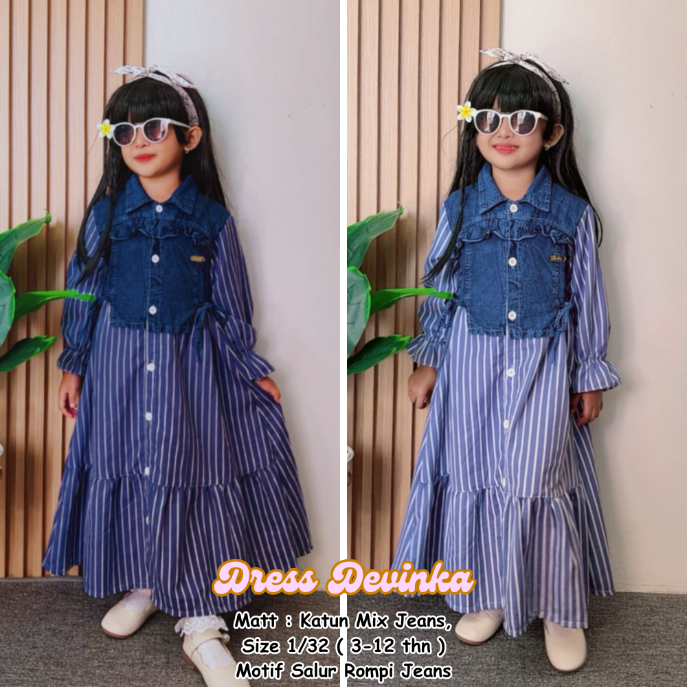Devinka Dress Jeans Rompi Mix Salur Anak Perempuan Usia 3-12 Tahun Bahan Katun Mix Jeans // Dress Je
