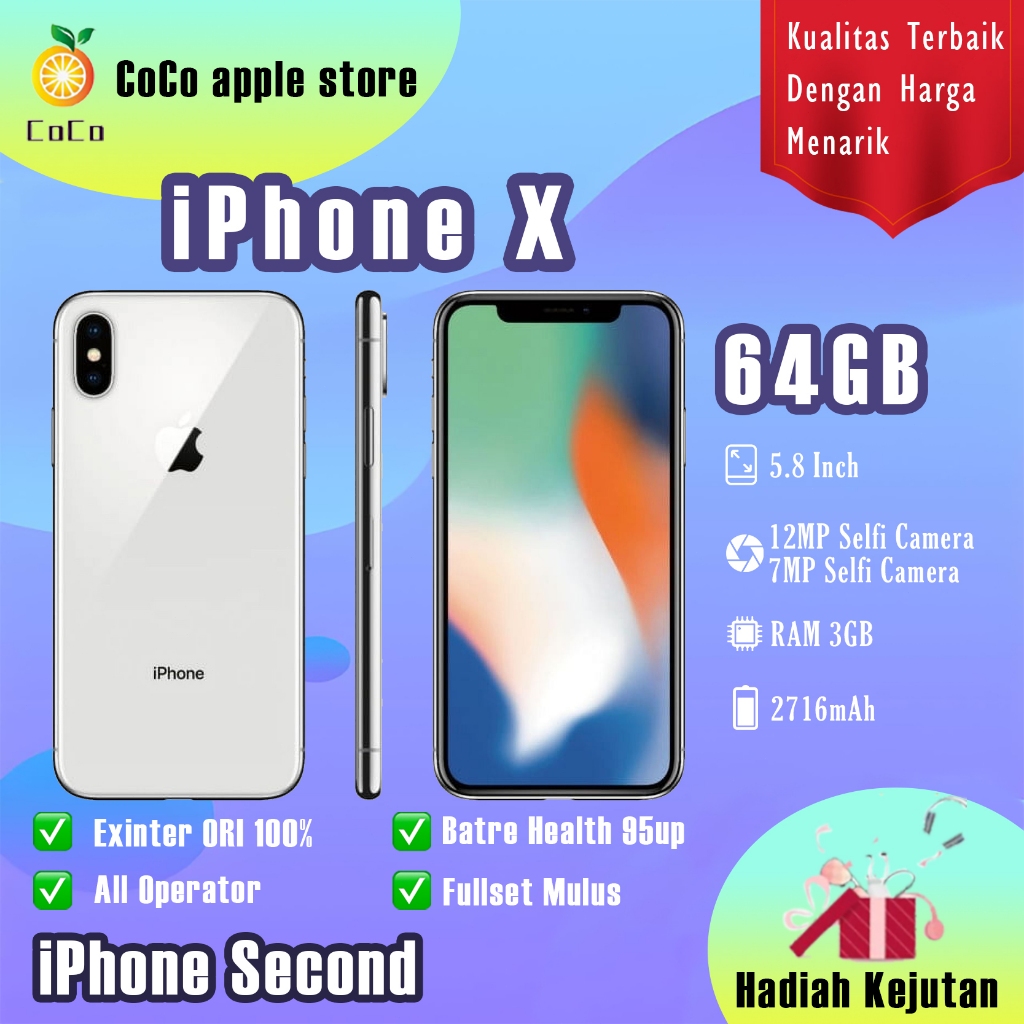 iPhoneX 64GB Second Bekas Original100% Silent All Sim Fullset Mulus Normal Hp 3utools All Green