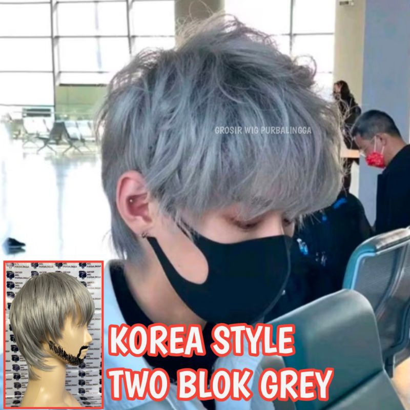 WIG PRIA KOREA RAMBUT PENDEK WARNA ABU-ABU GAYA RAMBUT TWO BLOK GREY
