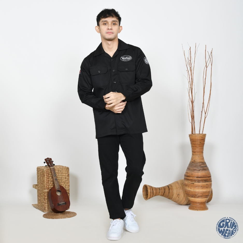 Workshirt Kemeja Pria Unisex Casual Hitam Lengan Panjang Bahan Drill