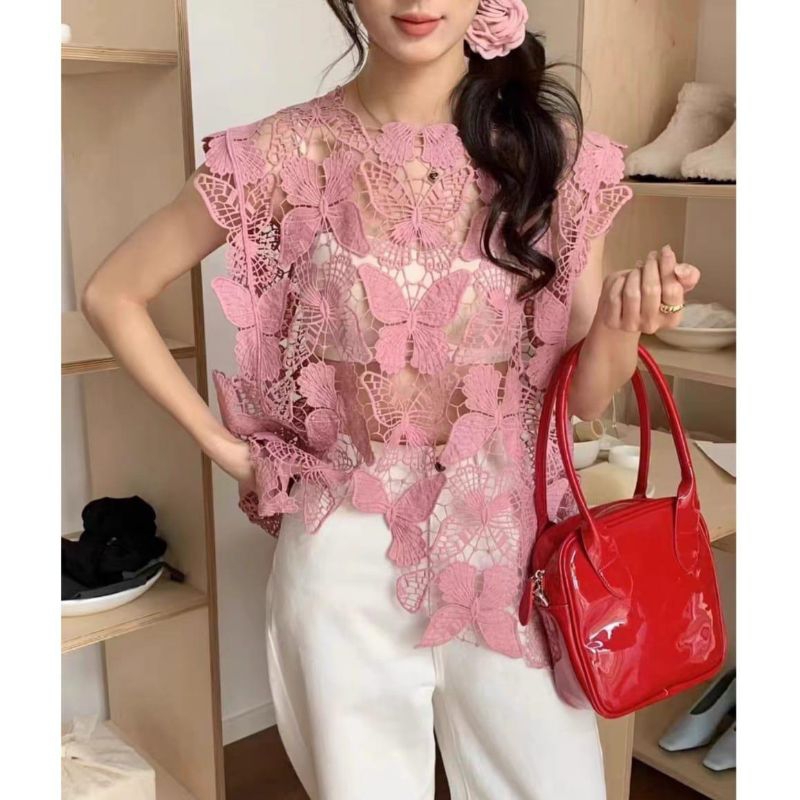 3194 Baju atasan blouse luaran MALVINA ASYMMETRIC LACE BROKAT TOP Korean style wanita premium import