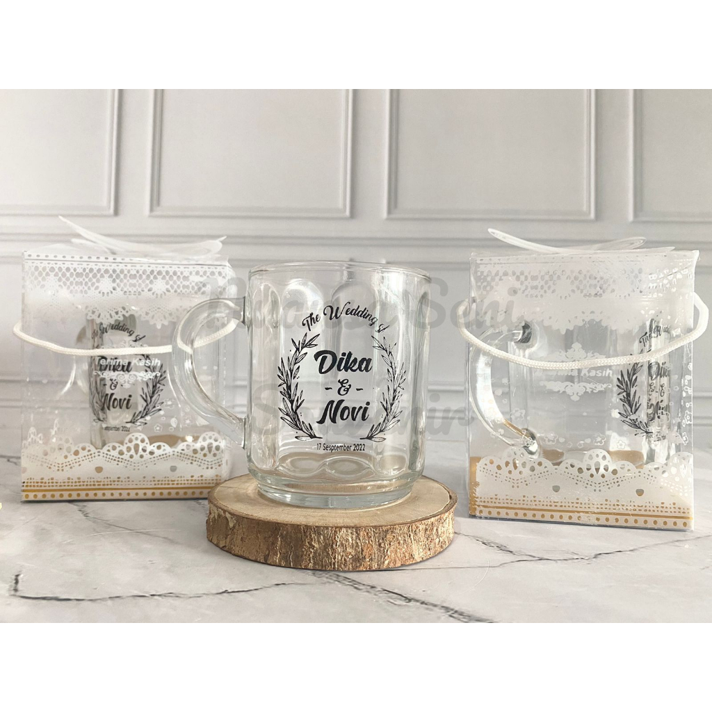 Souvenir Gelas CG Garis Cangkir Kopi Gagang Kaca Minum Teh Tumbler Mug Sablon Kemas Mika Motif