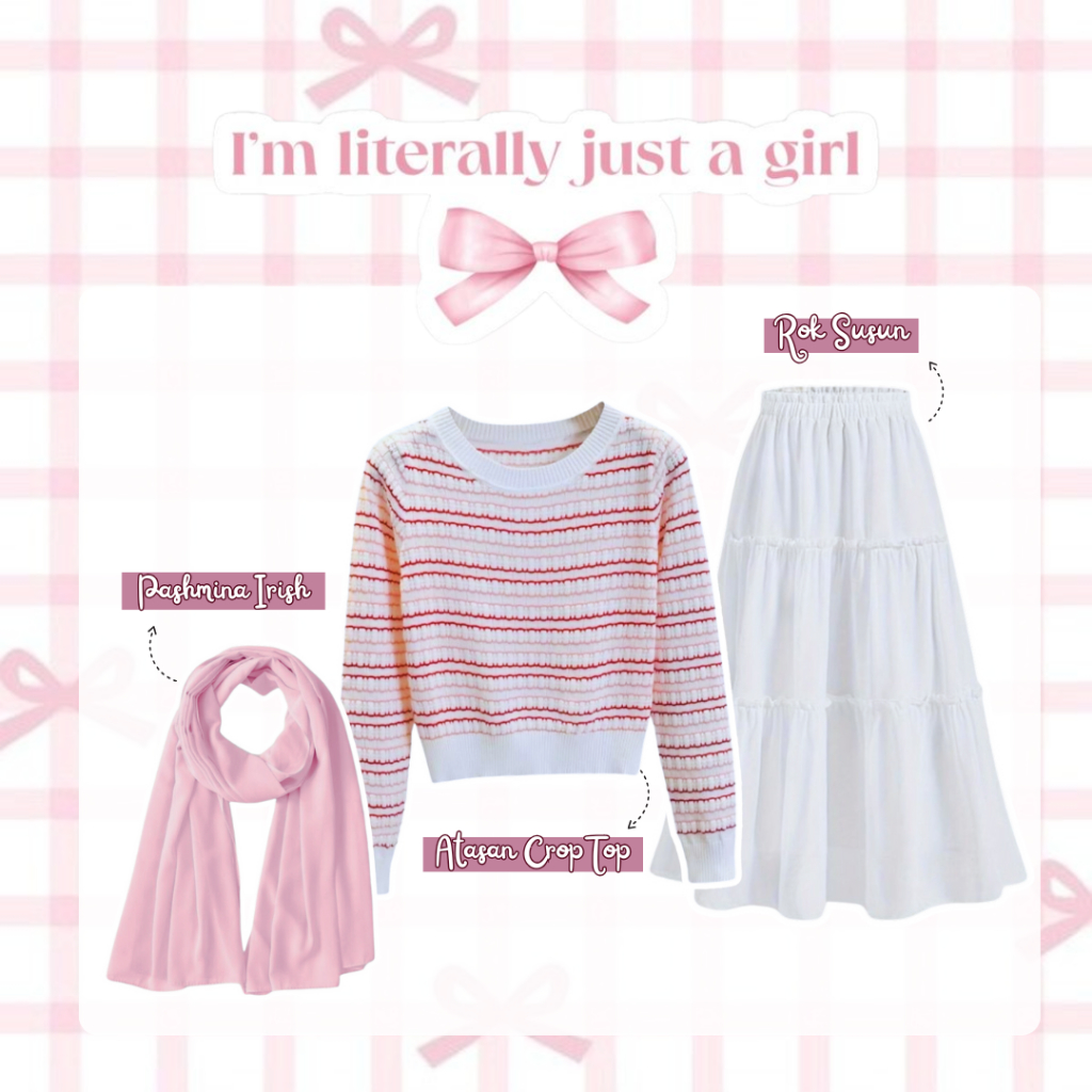 TB 055 | OOTD Soft Pink Wanita Hijab | 3 In 1 (Atasan Crop Top, Rok Susun, dan Pashmina) | Outfit Re