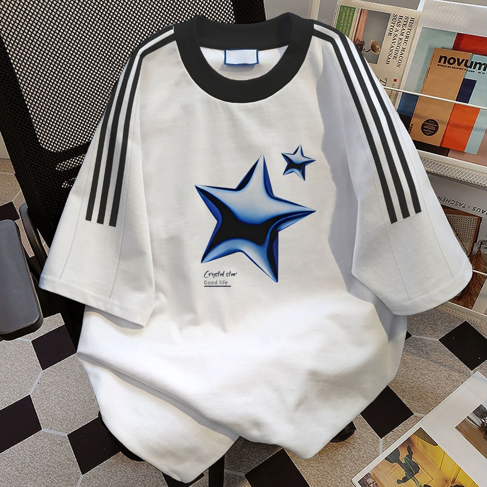 biru Bintang Amerika Kaos Pria Dicetak Tiga Garis Kaos Lengan Pendek Pria Lengan Pendek Atasan Putih