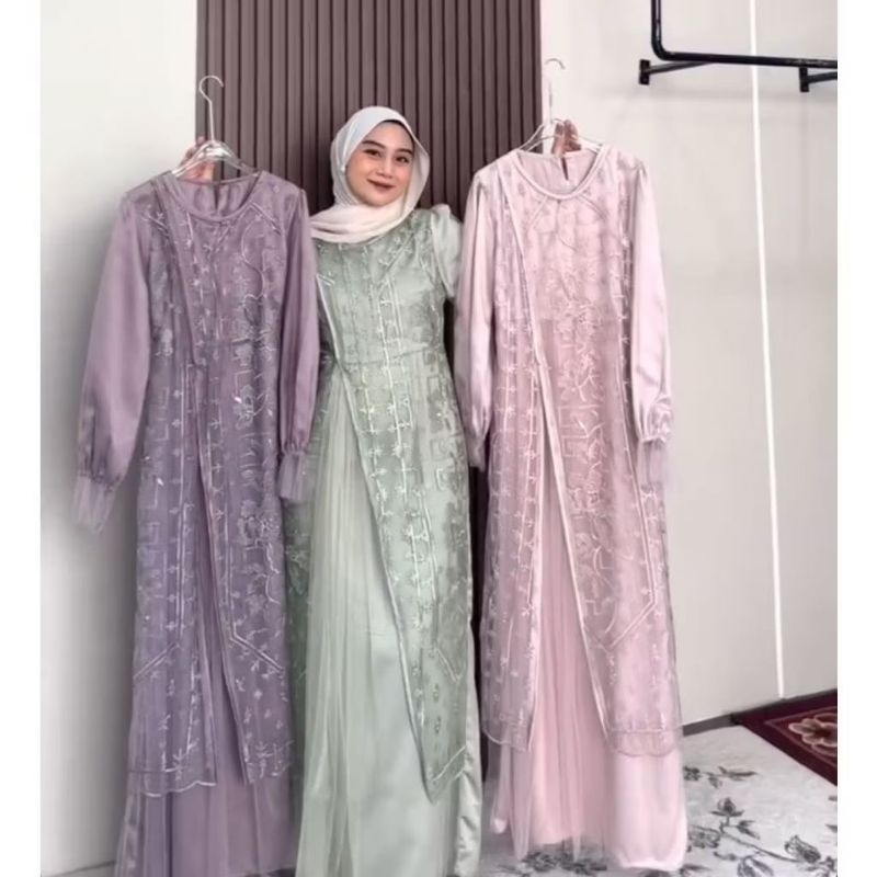 Kinan - gamis dress import brukat silk Velvet mix tile full furing Busui jumbo S M L XL XXL acara pe