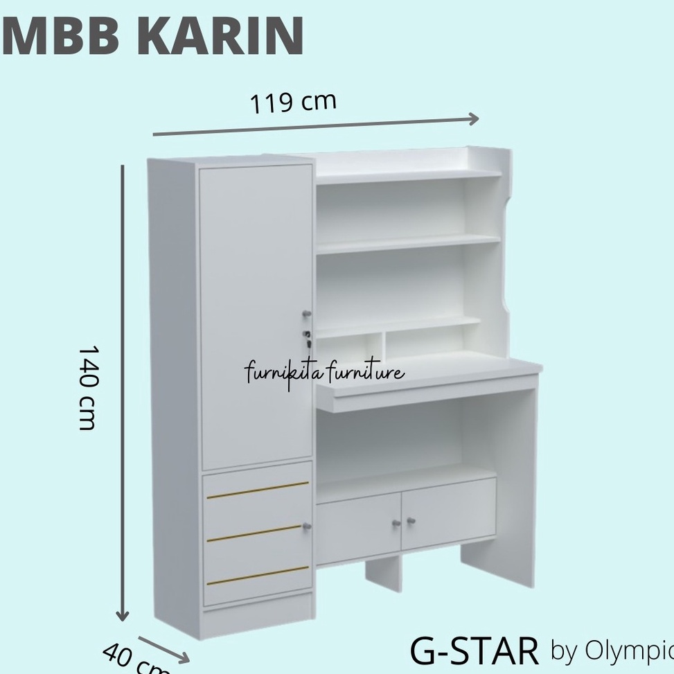 LANGSUNG ATC MEJA BELAJAR LEMARI BUKU OLYMPIC MBB KARIN  PUTIH MODERN MINIMALIS
