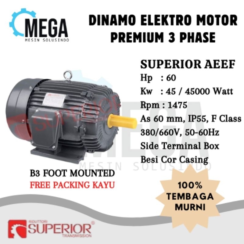 Superior 3 Phase 60 HP 1400rpm 4 pole High Quality -- Electro Motor 45 KW Dinamo Duduk AEEF High Tor