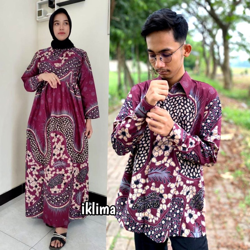 Baju batik couple Iklima gamis motif bunga Terbaru - Set Couple batik Gamis muslimah folly Terbaru