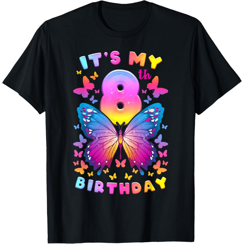 Kaos Ulang Tahun ke-8, Gadis 8 Tahun, Kupu-kupu, Angka 8