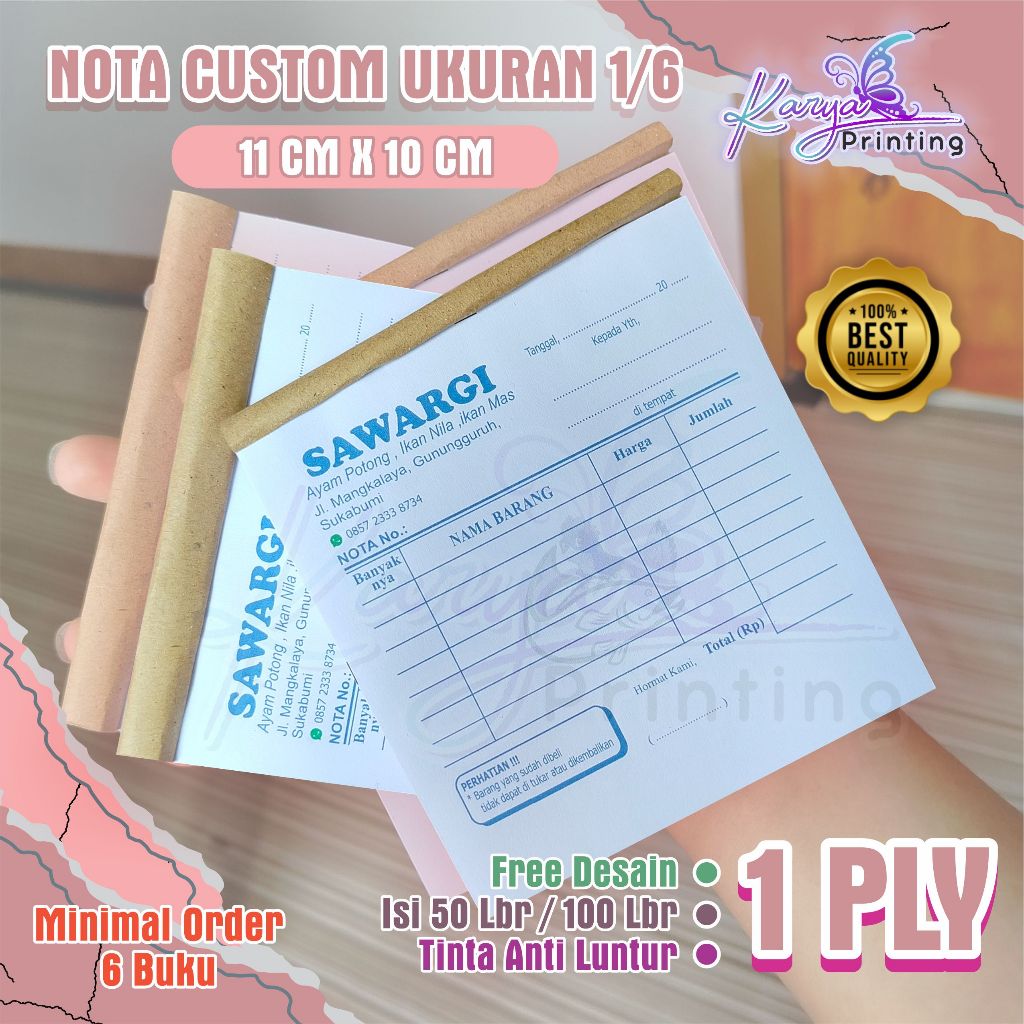 

Nota 1 ply ukuran 1/6 Bahan Kertas HVS 70 gr cetak nota custom Nama Toko Sendiri Free Desain