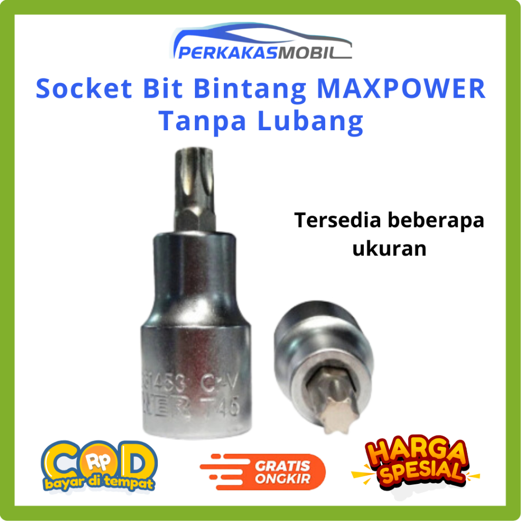 MAXPOWER Socket Bit Bintang 1/2 inchi Tanpa Lubang Padat JIS S2 CrV Mata Sok Torx 55mm T20 T25 T27 T