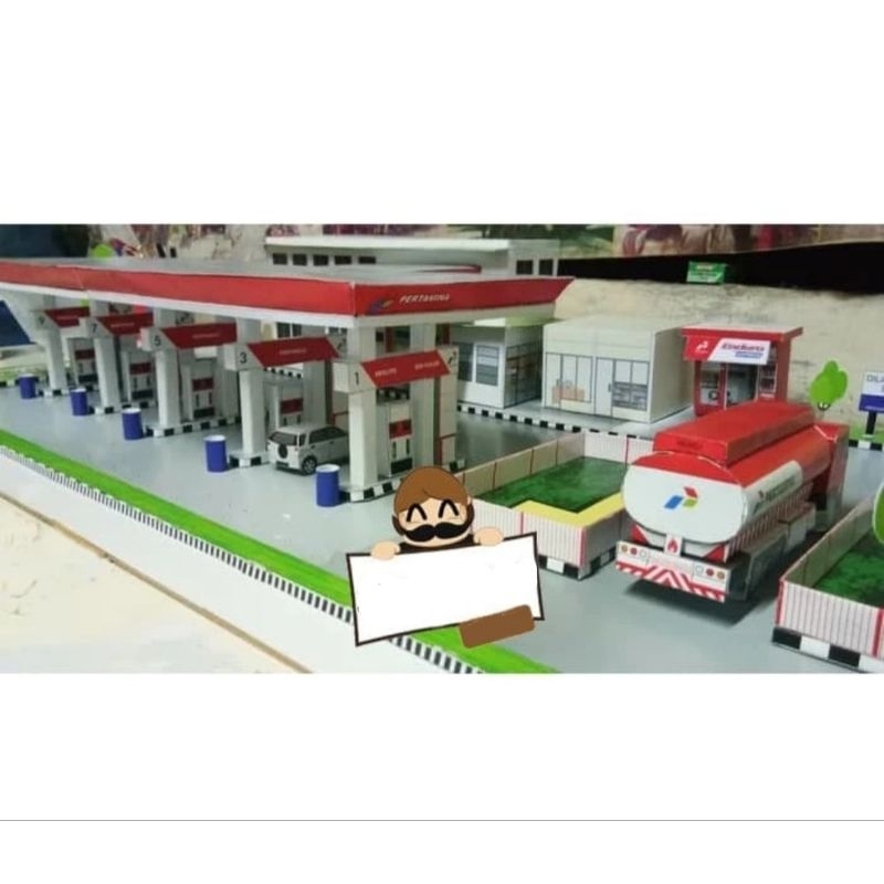 DIY Miniatur Papercraft SPBU Pertamina Plus Minimarket dan Kantor