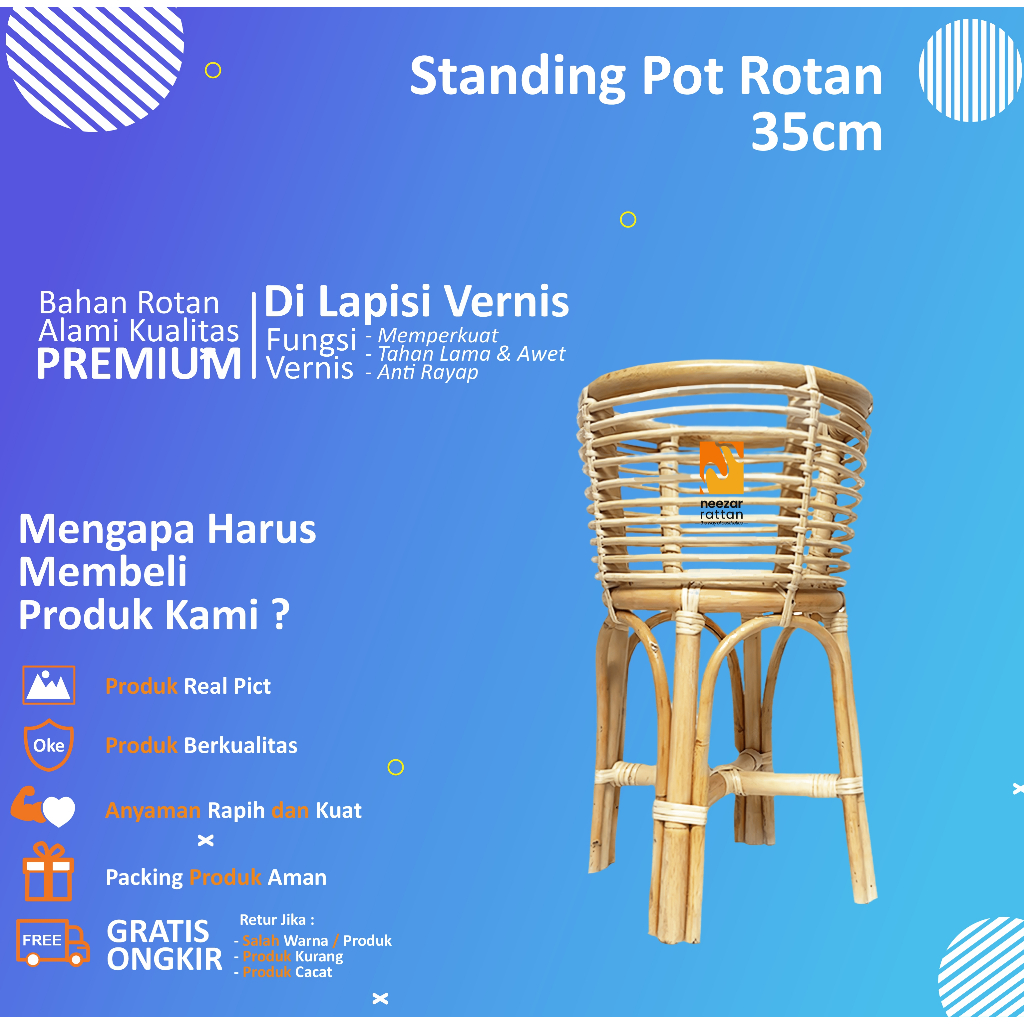 Standing pot 35cm bunga rotan, Tempat Vas bunga minimalis tempat pot rotan alami