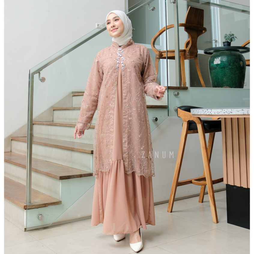 Harumi by Zanum - Gamis Ceruty Babydoll Set Outer Brukat Dress Pesta Mewah