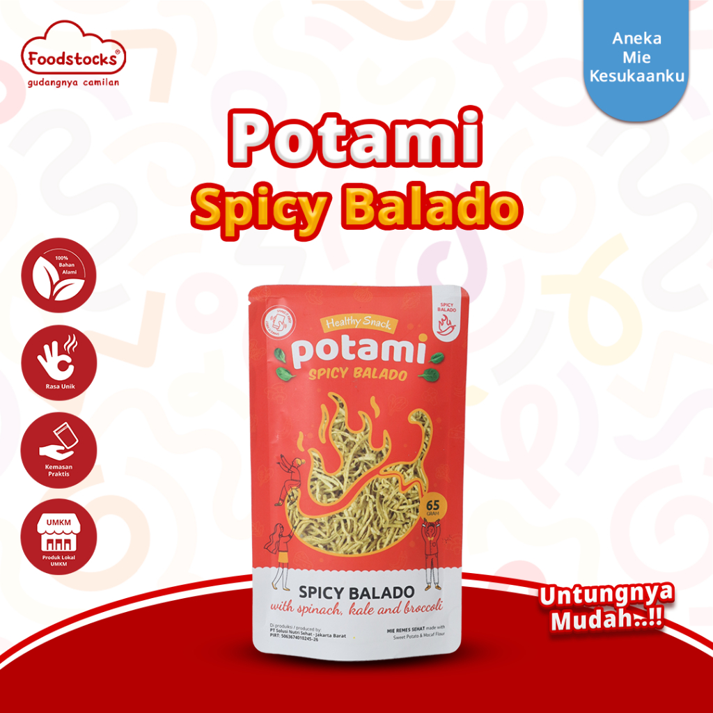 

Potami - Mie Remes Bayam Rasa Spicy Balado Cemilan Sehat Less Gluten 65gr