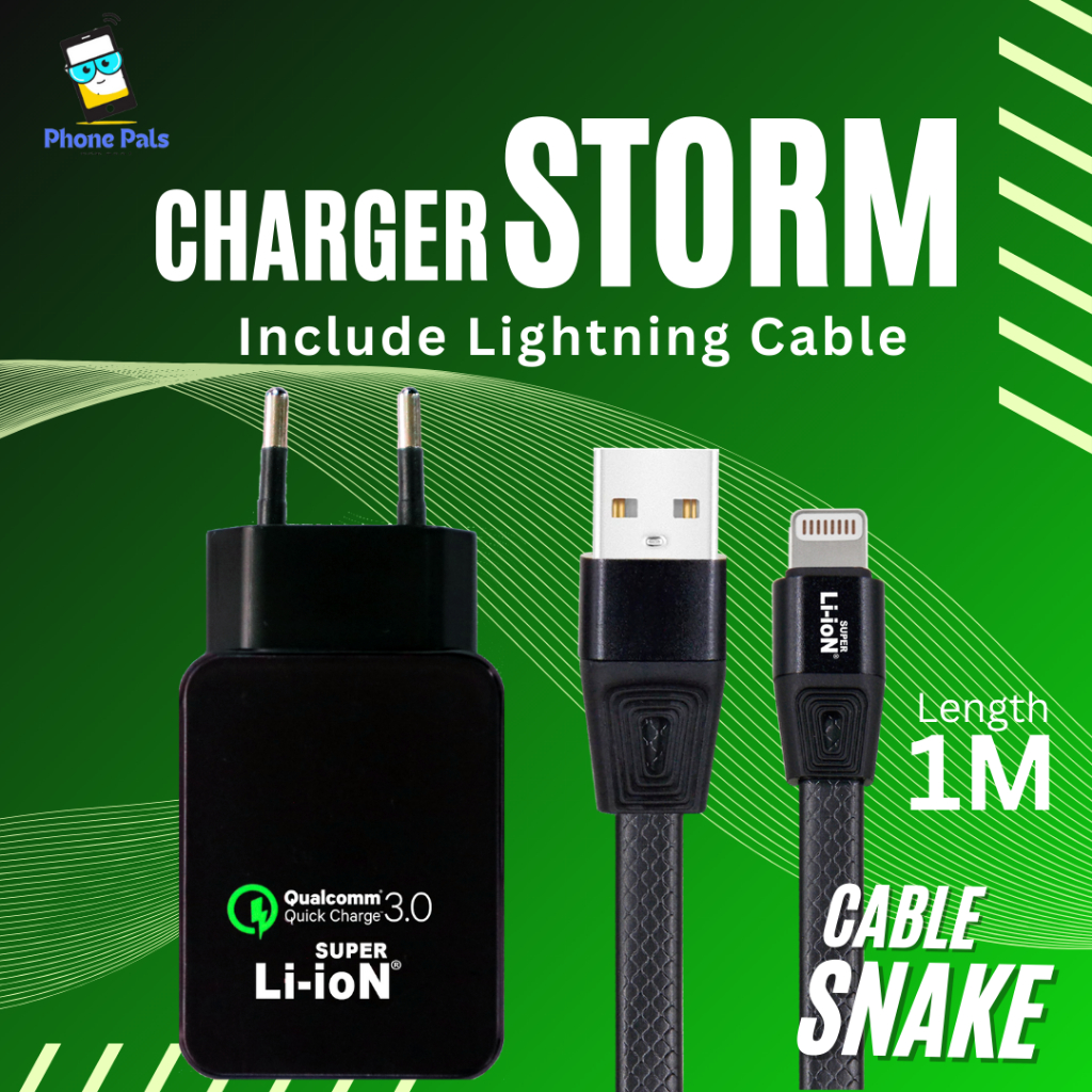 CHARGER DUAL-USB (18W) SUPER LI-ION STORM+KABEL DATA MICRO/IPHONE/USB-C