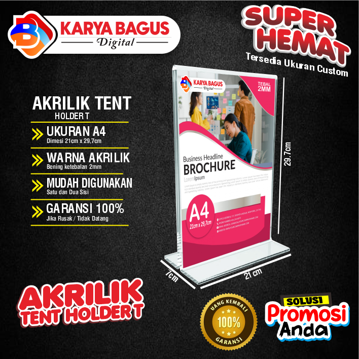 

Akrilik Tent Card Holder T Insert Paper Ukuran A4
