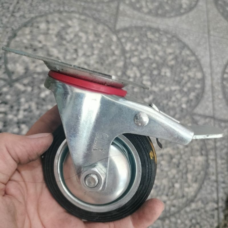 Roda Karet Hitam Gepeng 3" Rem/ Roda Steling