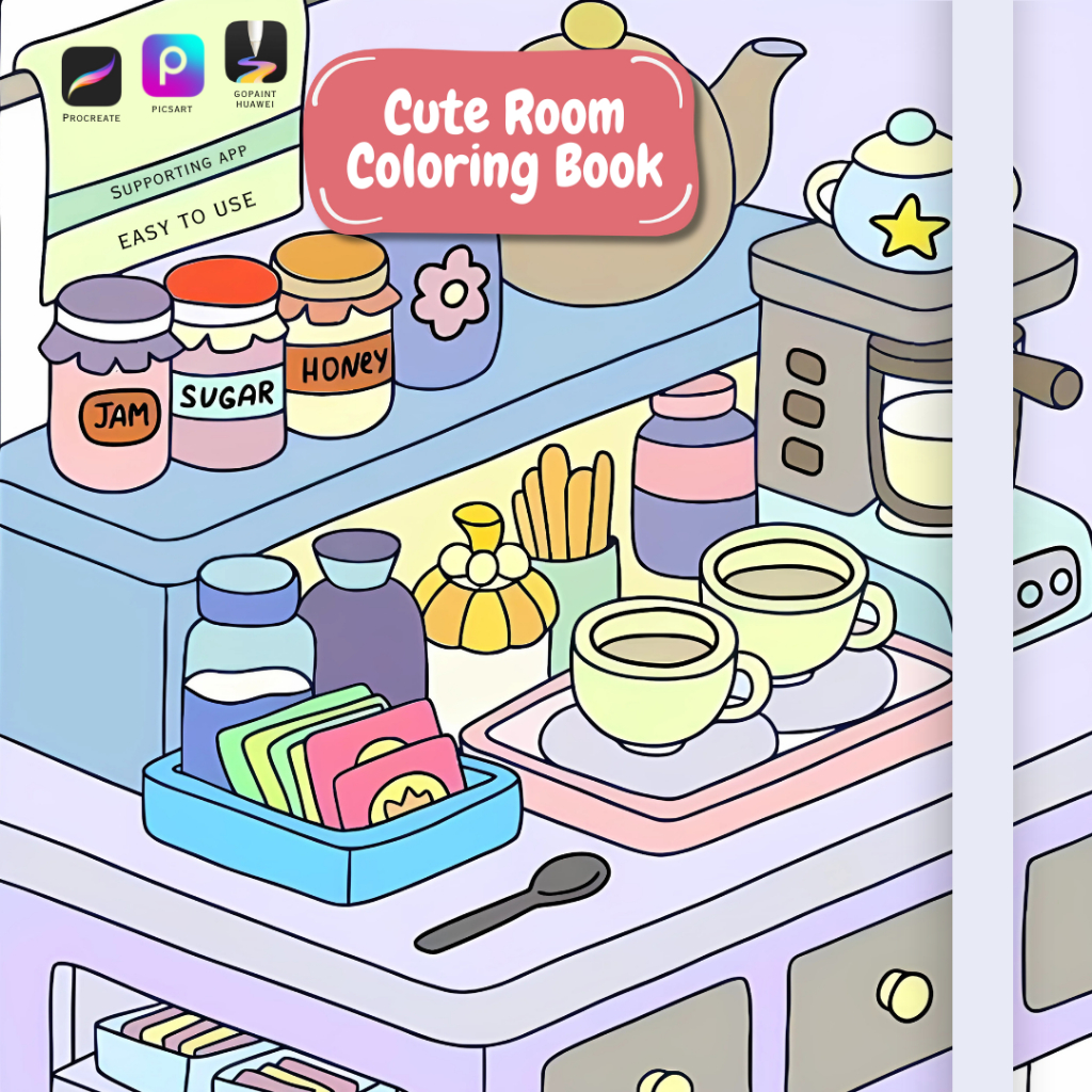 Digital Coloring Book lucu dan aesthetic ---- Cute Room Coloring Book (PDF dan PNG) (Tidak ada buku 