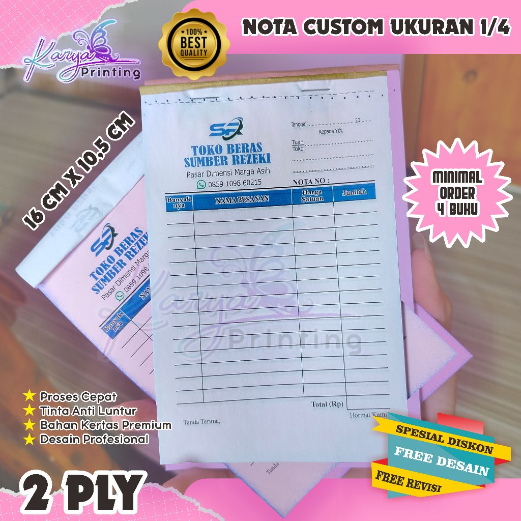 

cetak nota custom 2 ply ukuran 1/4 folio buat nota custom nama toko usaha sendiri free desain