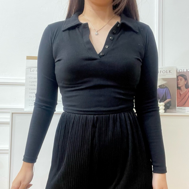 Hailey Crop Top Polo Top Lengan Panjang