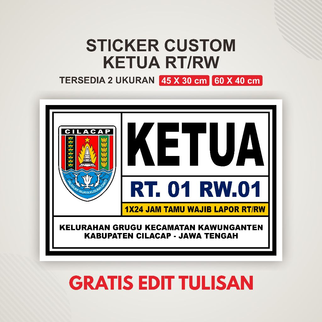 

Sticker Papan Ketua RT / RW ukuran 45x30 cm & 60x40 cm