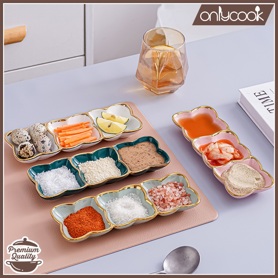 Tempat Saus Sambal Keramik Premium 3 Sekat Dengan List Gold Aesthetic/ Tempat Saus Tebal Praktis/ Pi