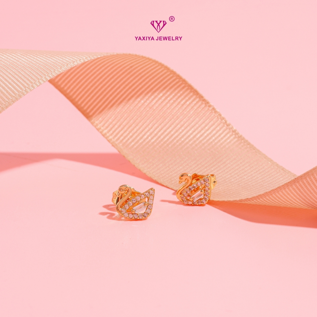 Yaxiya Anting Tusuk Motif Angsa Permata Perhiasan Lapis Emas 18K 547