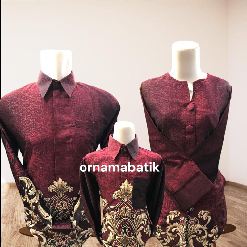 Batik Keluarga Batik Set Couple Family TERBARU Bahan Doby Merah Maroon Gold Mewah