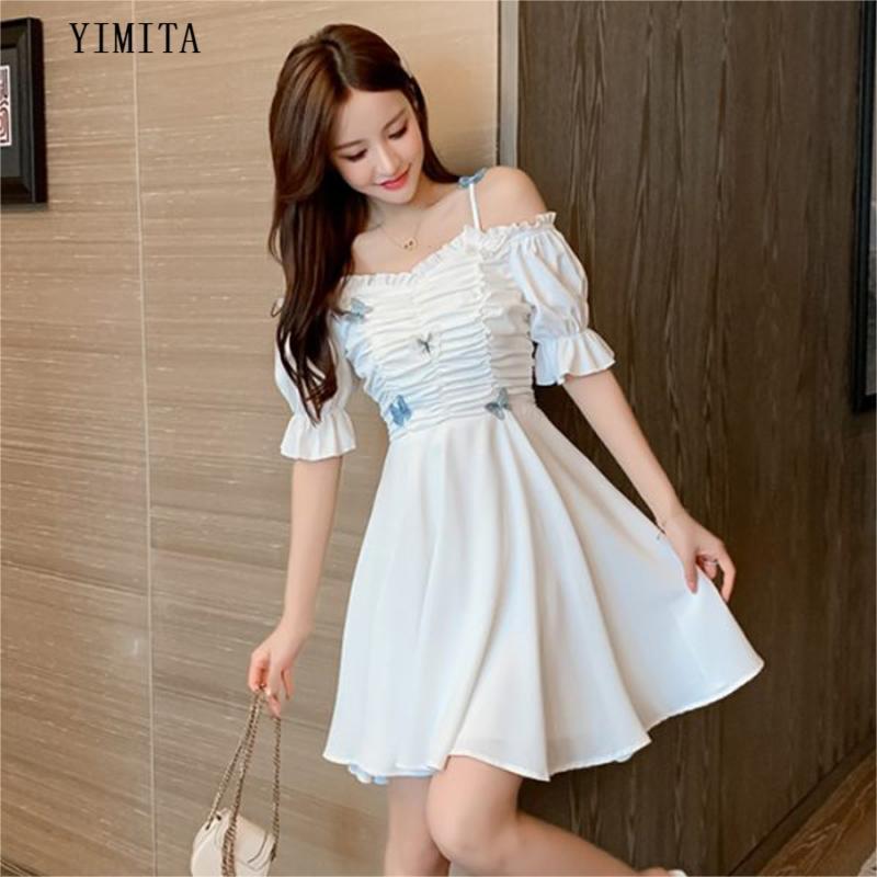 Yimita Dress princess lucu perempuan mini Lengan Pendek pesta pantai wanita casual dress putih