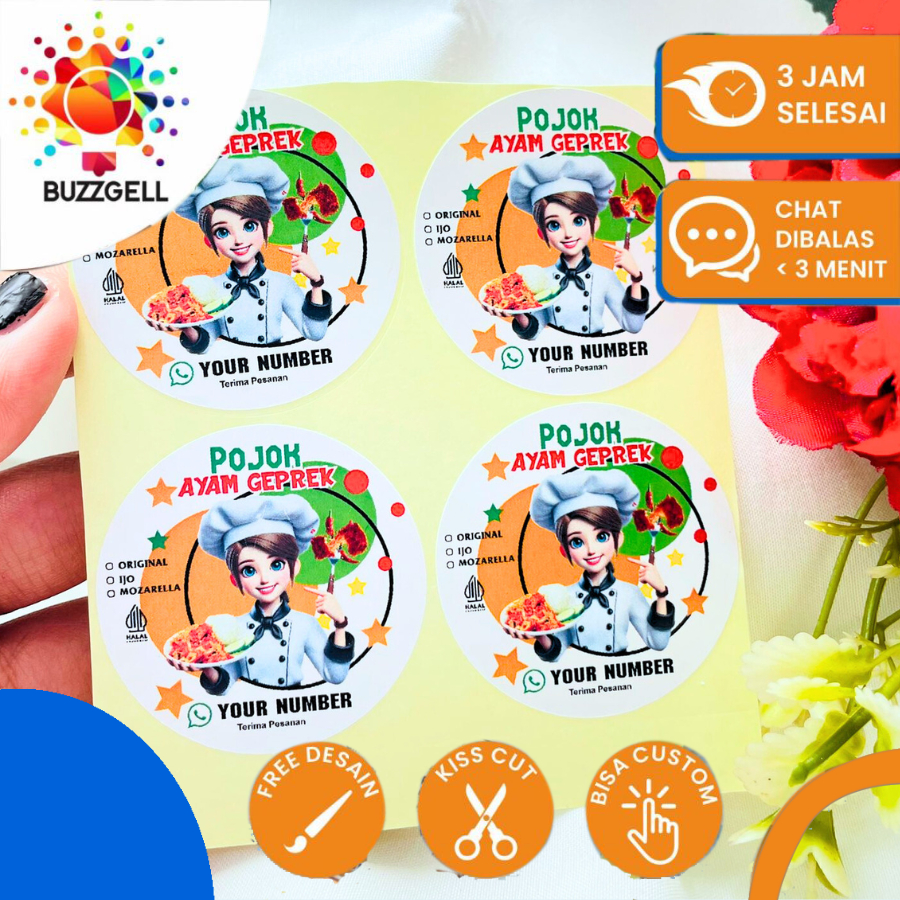 2-4 Cetak Stiker Makanan Ayam Geprek Label Box Kotak Dus Sticker Free Desain Custom Nama Uk.Kecil