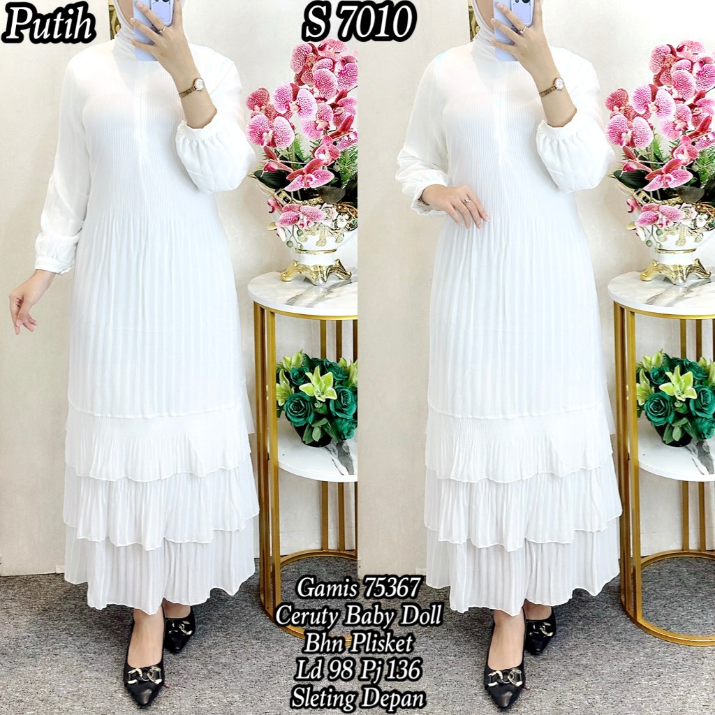 7010 Gamis Ceruty Plisket Busui Putih Polos Baju Muslim Wanita 75367