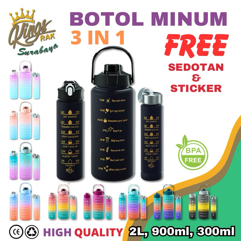 Botol Minum Viral 3in1 Tumbler 2 Liter Rainbow Botol Air Anak Jumbo Premium Warna Gradasi Botol Air 