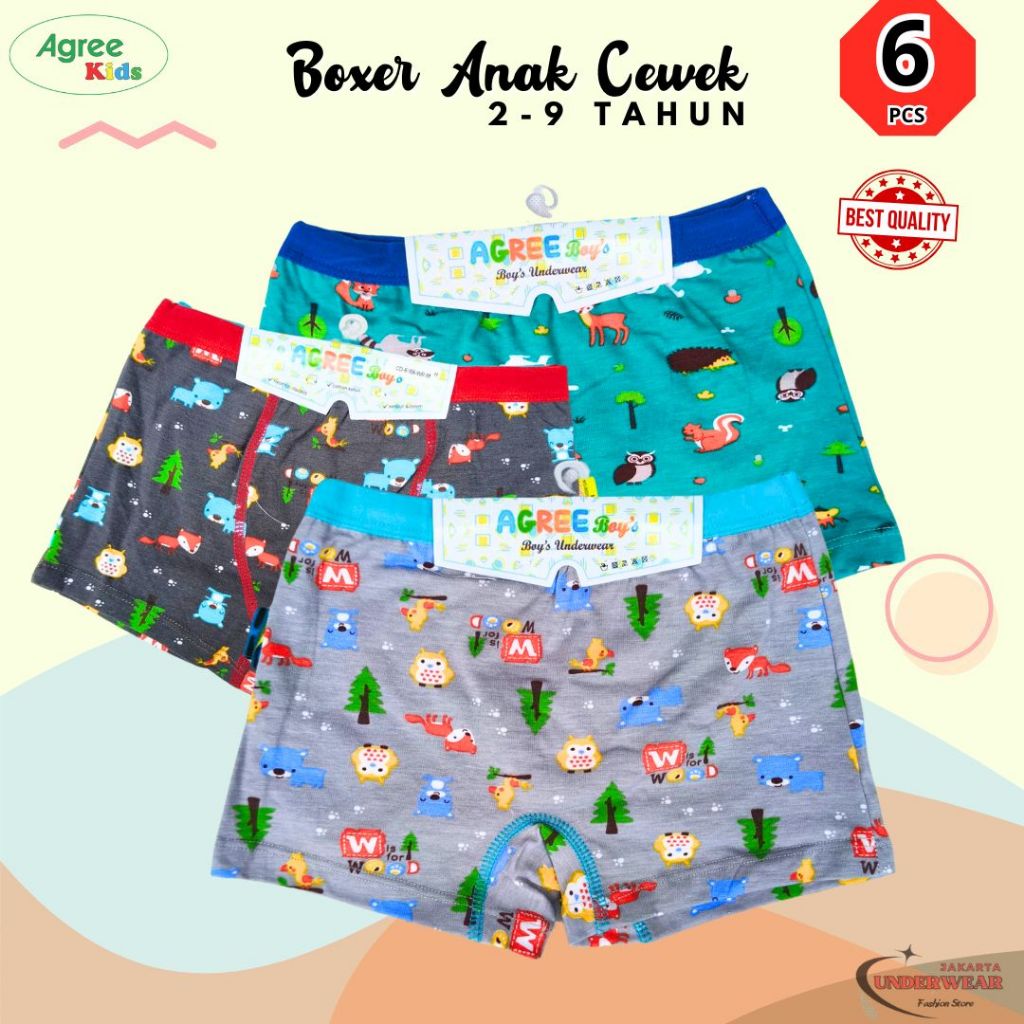 Isi 6 Pcs Boxer anak laki-laki Celana dalam CD celana dalam anak laki-laki katun Agree Kids - Agree 